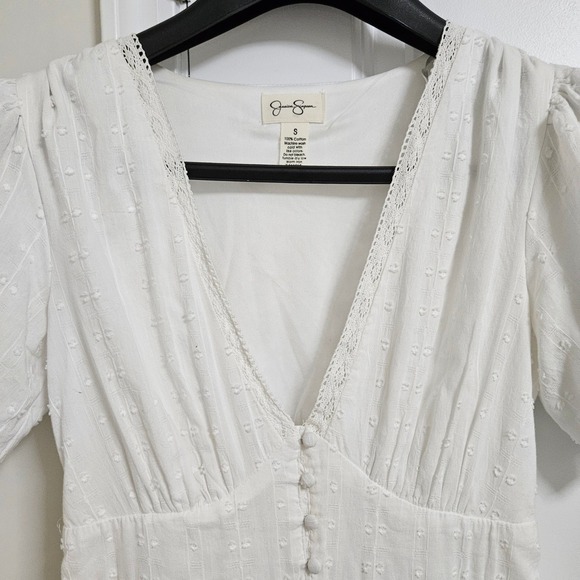 Jessica Simpson Maxi Dress Womens S White Swiss Dot Puff Sleeve Cotton Boho Lace - Picture 10 of 15